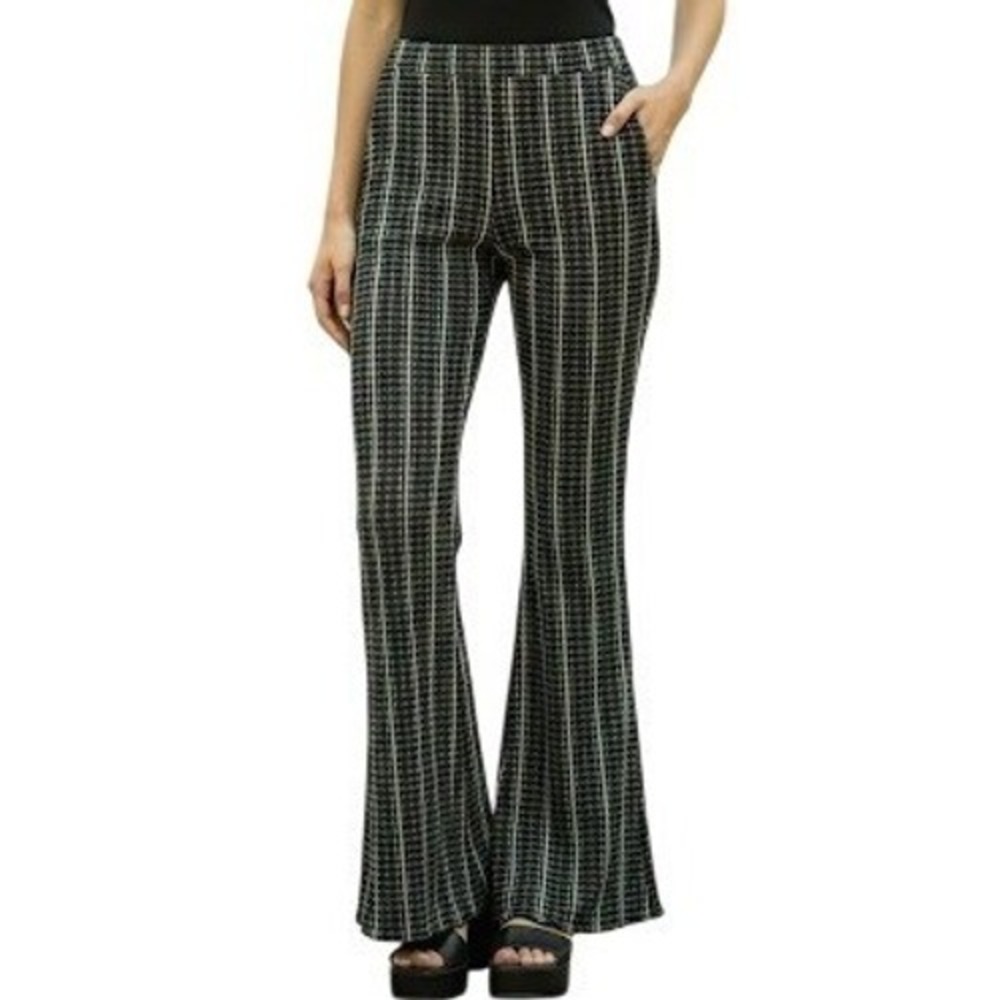Free People Women's Large Black Cream Striped High Rise Flare Bell Bottom Pants